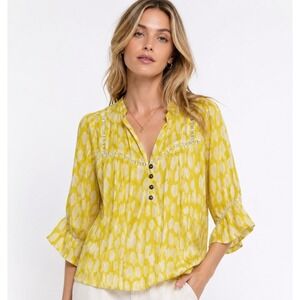 Dolan Yellow White Abstract Print Boho Blouse Crochet Trim 3/4 Sleeve Medium